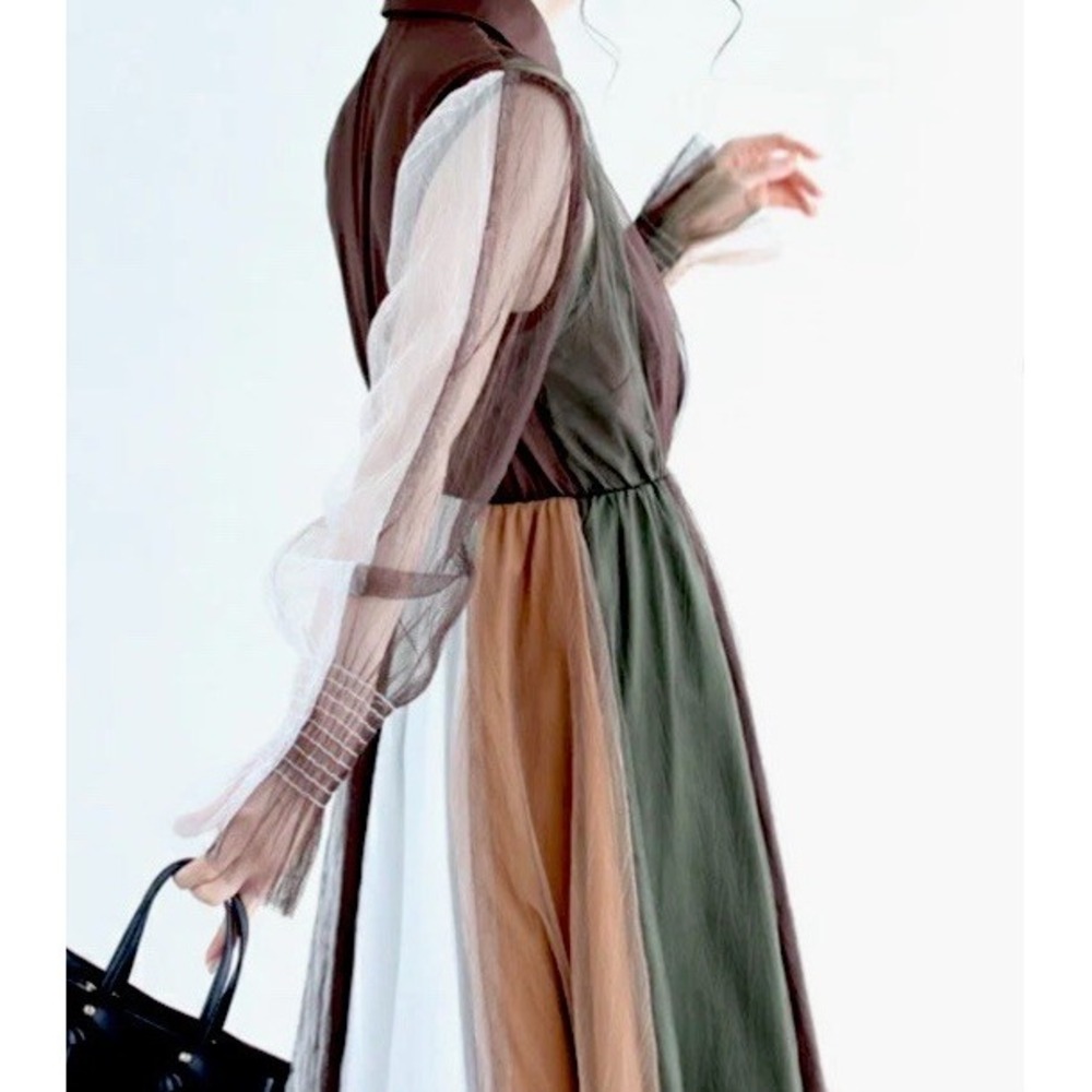 Colorblock Plisse Shirt Dress Earth Tone Pleated Sheer Georgette Midi Large Art